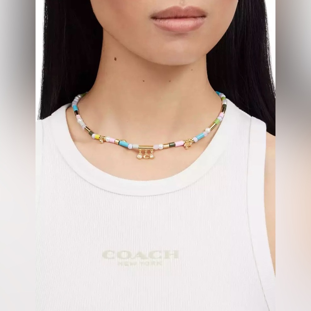 COACH Necklace,Coach Colorful Beaded Necklace with Gold Charms